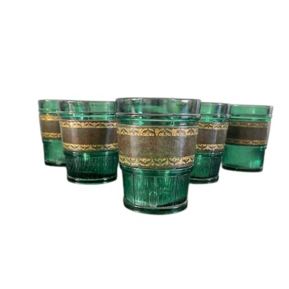 Vintage Other - RARE! Vintage MCM Emerald Green Leather Banded Tumbler Glasses Set of 6